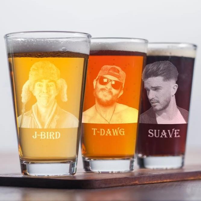 Custom photo engraved beer glass with personalized name and message, perfect for weddings and birthdays
