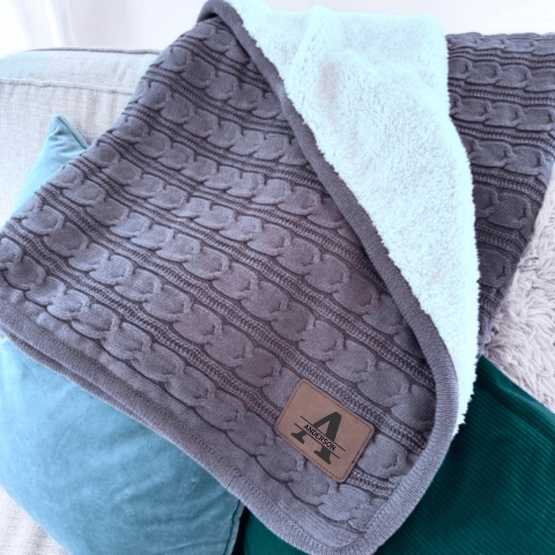 Warm & plush personalized sherpa cable knit blanket with custom patch in grey or white – perfect gift for Mother's Day or birthdays