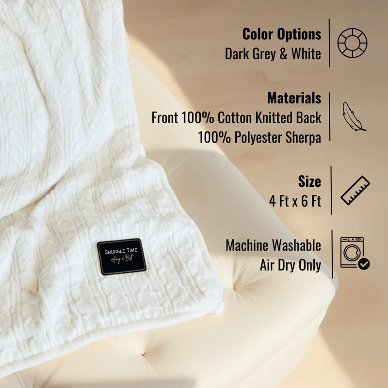 Warm & plush personalized sherpa cable knit blanket with custom patch in grey or white – perfect gift for Mother's Day or birthdays