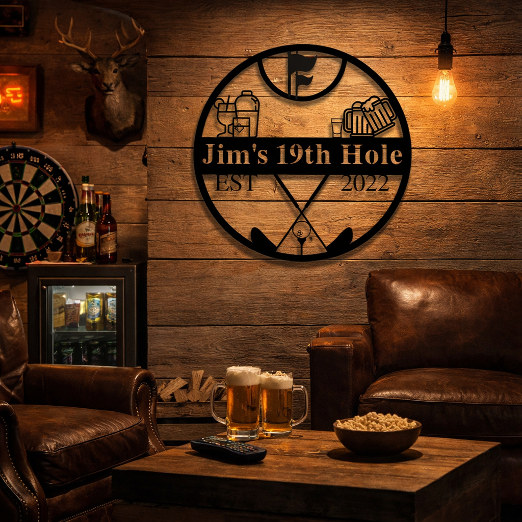 19th Hole Golf Pub Sign, personalized powder-coated steel golf pub sign for home bar or man cave in five colors and six sizes