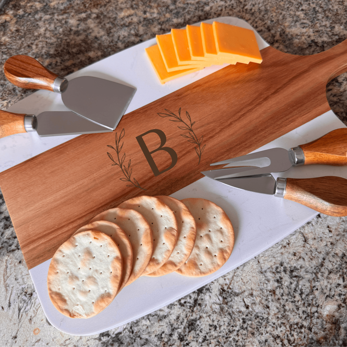 Personalized Acacia Wood with marble paddle charcuterie board with engraved initial