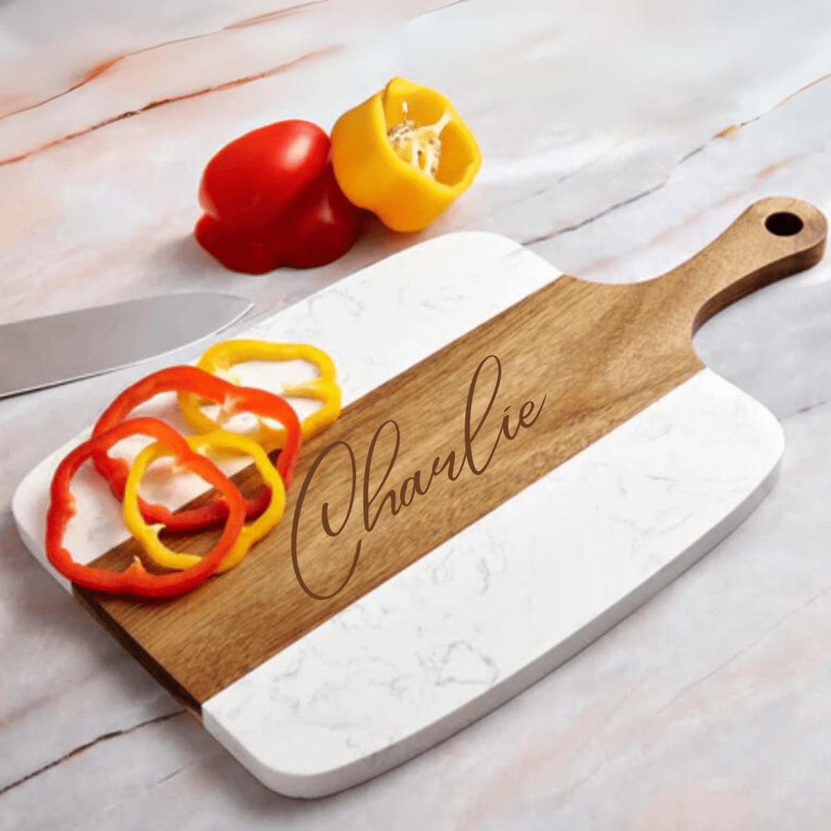 Personalized Acacia Wood with marble paddle charcuterie board with engraved initial