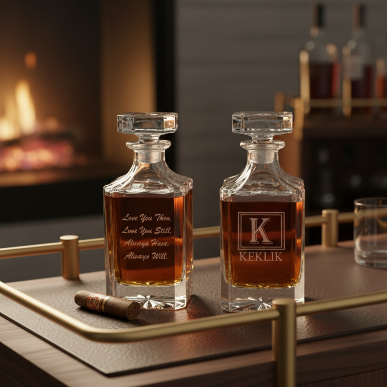 Two crystal decanters with square stoppers filled with amber liquid, left decanter engraved with sample text "Love You Then. Love You Still. Always Have. Always Will." and right decanter with sample monogram "K" and "KEKLIK", displayed on a gold-trimmed tray.