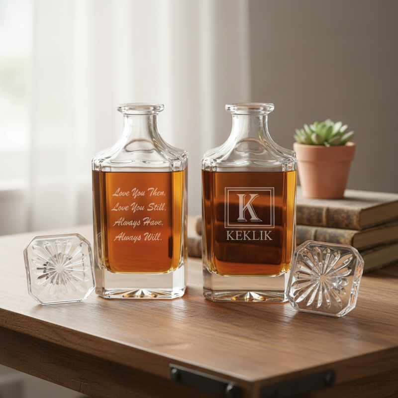 Two glass decanters with crystal stoppers filled with amber liquid, left decanter engraved with sample text "Love You Then. Love You Still. Always Have. Always Will." and right decanter engraved with sample monogram "K" and name "KEKLIK", displayed on wooden surface with small potted succulent and stacked books.