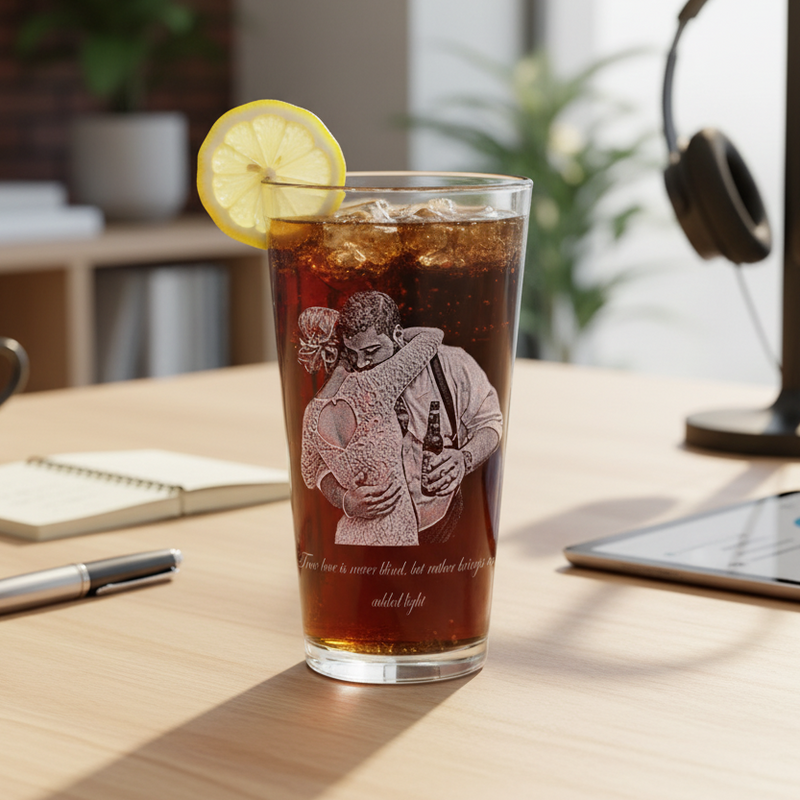 Tall pint glass filled with cola and ice, garnished with lemon slice, engraved with portrait illustration and text below, displayed on wooden desk with notebook and pen