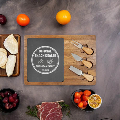 Personalized Official Snack Dealer charcuterie board with slate and acacia wood featuring custom family name engraving and date
