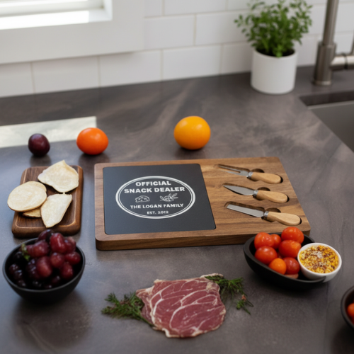 Personalized snack board styled on kitchen counter with slate and wood surfaces, displaying sample engraving "Official Snack Dealer" and "The Logan Family," surrounded by cheese, cured meats, grapes, and cheese knives.