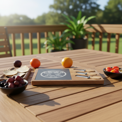 Personalized snack board styled on outdoor deck with fresh fruit, bowls of grapes and berries, and appetizers arranged around it