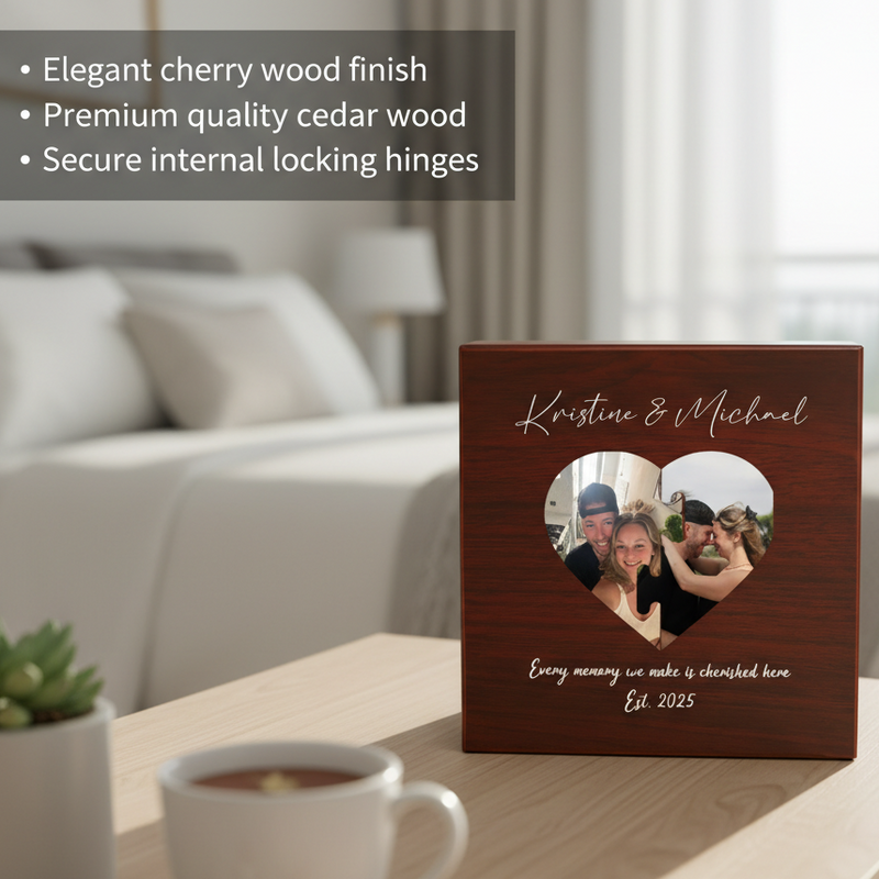 Dark cherry wood keepsake box with heart-shaped photo windows displaying sample photos, personalized with names "Kristine & Michael" and text "Every memory we cherish here Est. 2025