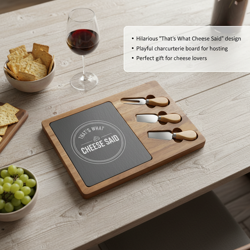 Wooden charcuterie board with dark slate inlay engraved with "That's What Cheese Said" design, three cheese knives with wooden handles, styled with crackers, grapes, and red wine