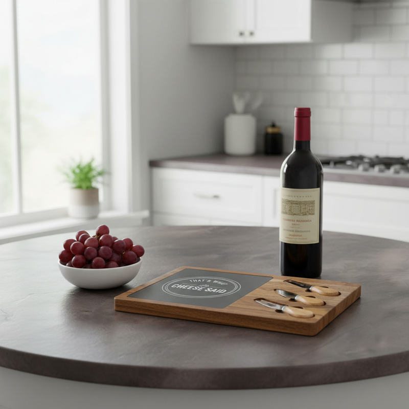 Charcuterie board with wood frame and laser-engraved slate inlay reading "That's What Cheese Said," displayed on a kitchen counter with wine bottle and grapes