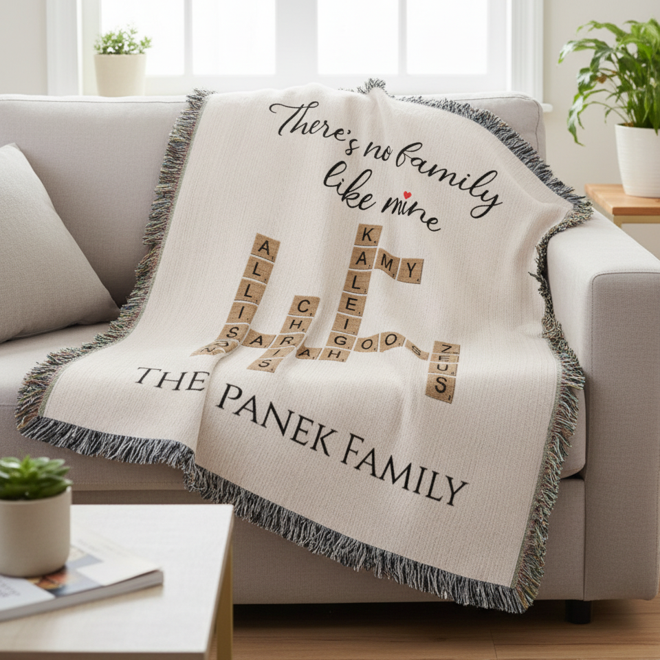 Personalized blanket with family name and Scrabble-like design on a couch - Willow and Hive