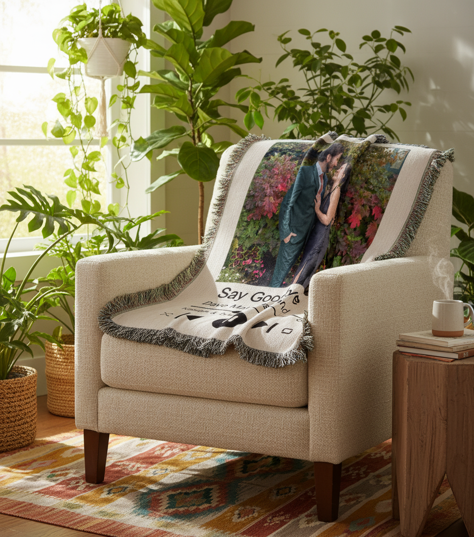 Cream armchair draped with personalized photo blanket displaying couple's photo, song title "Say Goodbye," and fringe trim, styled in bright living room with potted plants.