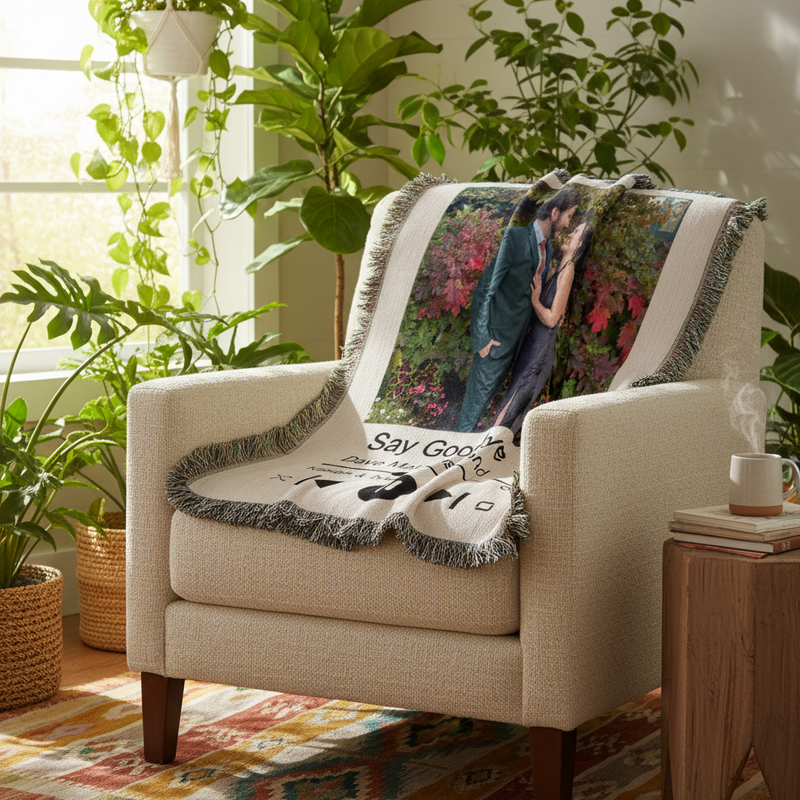 Cream armchair draped with personalized photo blanket displaying couple's photo, song title "Say Goodbye," and fringe trim, styled in bright living room with potted plants.