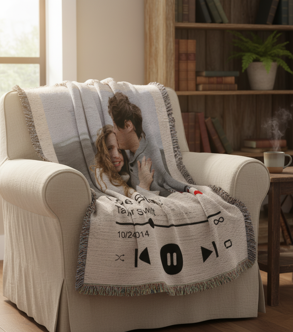 Cream woven blanket with frayed edges draped over an armchair, displaying a photo of a couple with sample text "Our Song," artist name, date "10/24/14," and music player controls printed on the lower portion.