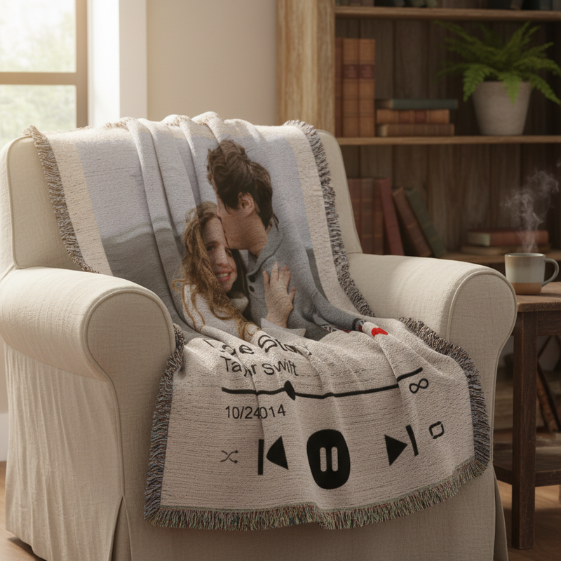 Cream woven blanket with frayed edges draped over an armchair, displaying a photo of a couple with sample text "Our Song," artist name, date "10/24/14," and music player controls printed on the lower portion.