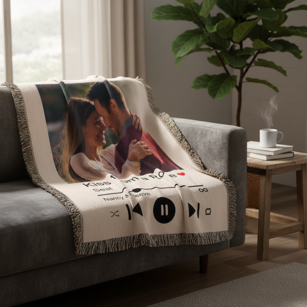 Cream woven blanket draped over a gray chair, personalized with a sample photo of a couple and music player controls, displaying sample text "Katherine" and "Nancy & Steve" with a decorative fringe trim.