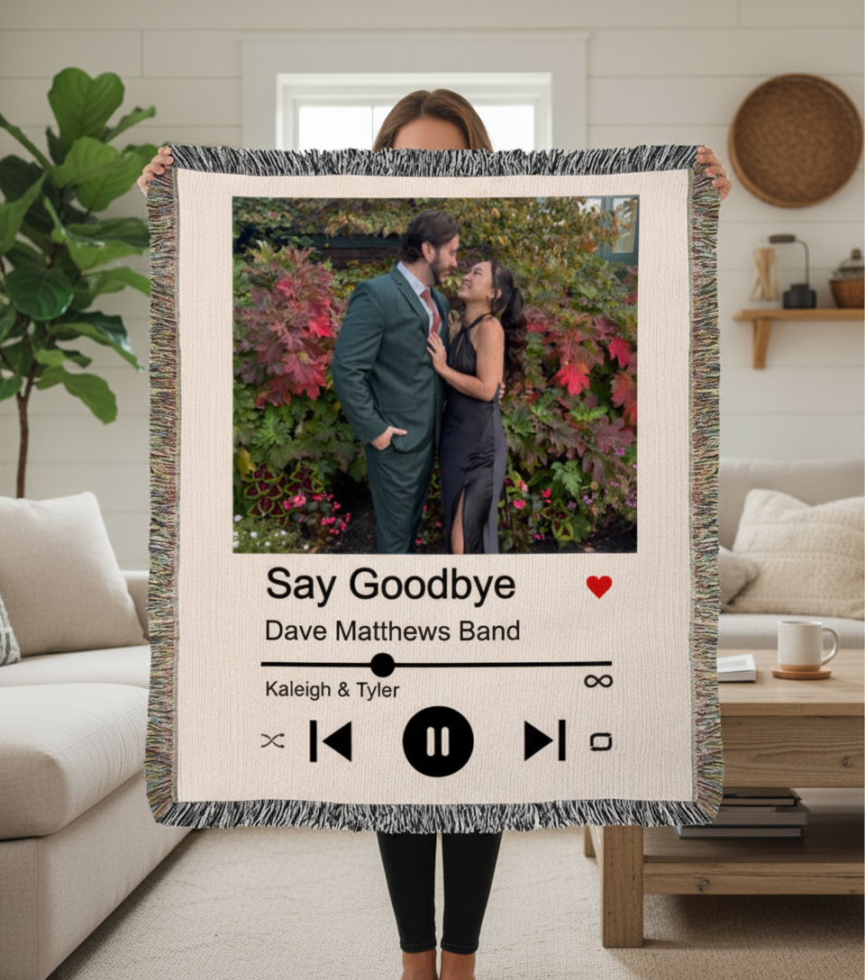Woven custom blanket featuring photo, love song, artist, and date – perfect gift for housewarming