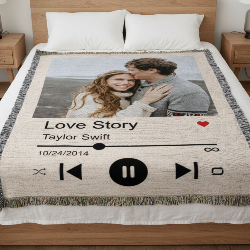 Woven custom blanket featuring photo, love song, artist, and date – perfect gift for housewarming