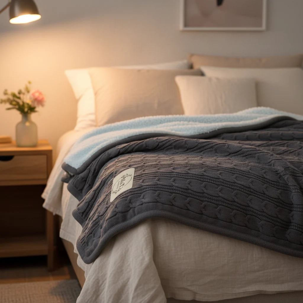 Dark grey cable knit blanket with a light blue sherpa back on a bed, with a white patch engraved with an M and T wreath, lit by a bedside lamp