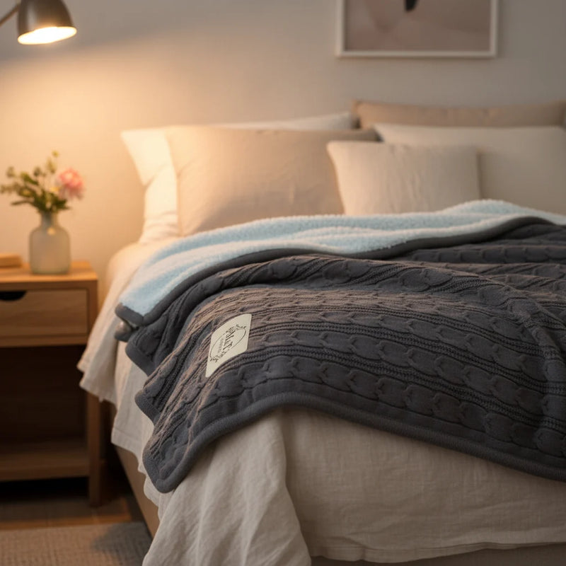 Dark grey cable knit blanket with a light blue sherpa back on a bed, with a white patch engraved with an M and T wreath, lit by a bedside lamp