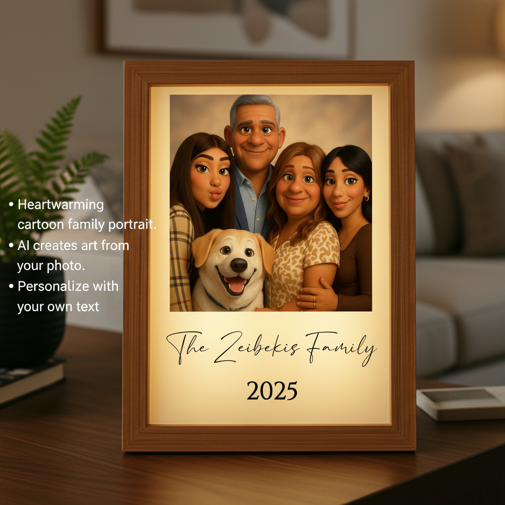 Framed animated family portrait with sample text "The Zeibekis Family" and "2025" displayed on wooden desk with potted plant in background