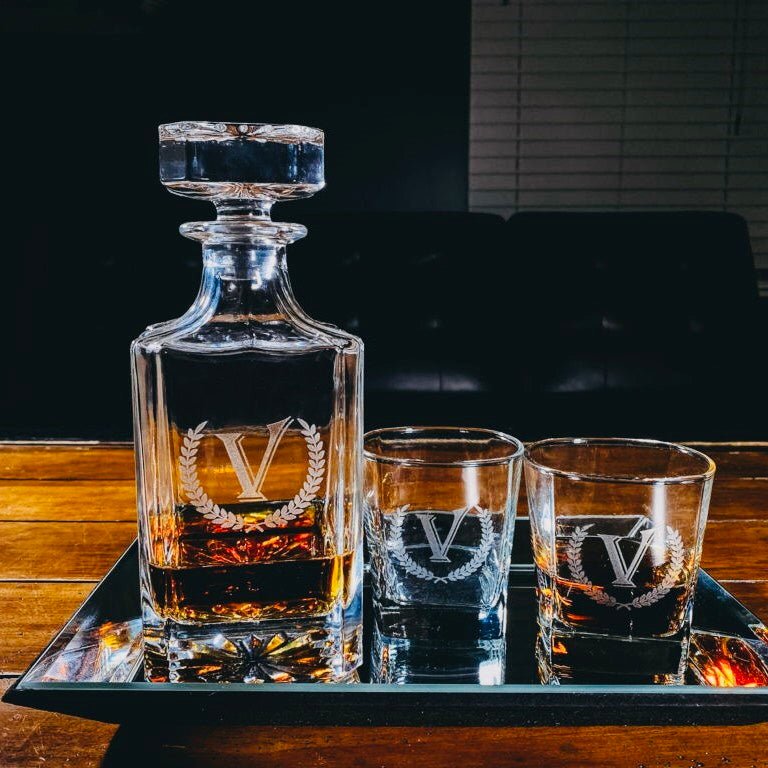  Personalized whiskey decanter set with engraved initial and matching rocks glasses Willow and Hive