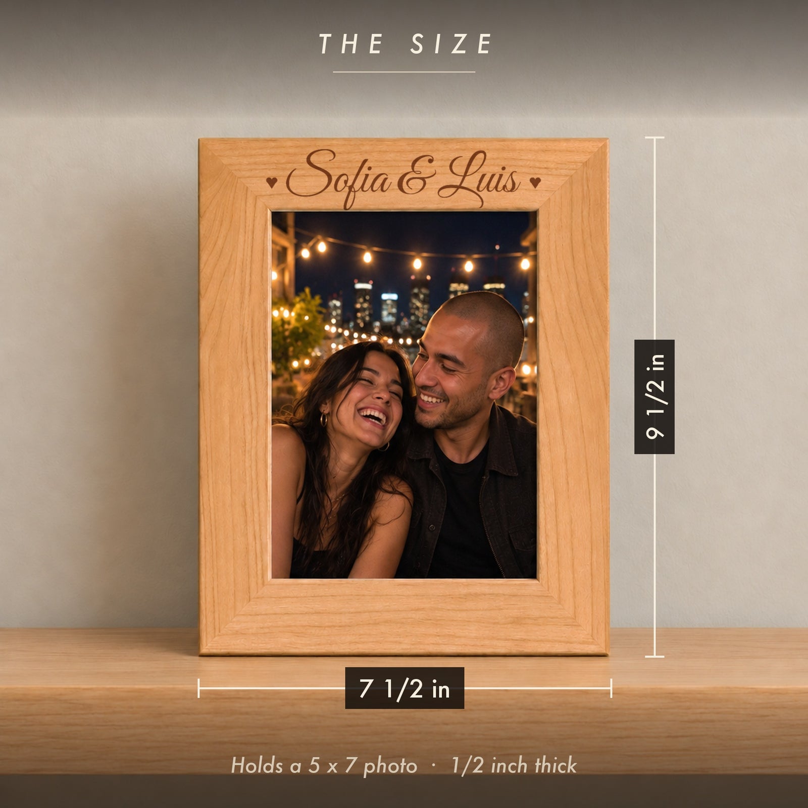 Size of the Side by Side engraved photo frame, 7 1/2 inches wide by 9 1/2 inches tall, for a 5 x 7 photo, engraved Sofia & Luis