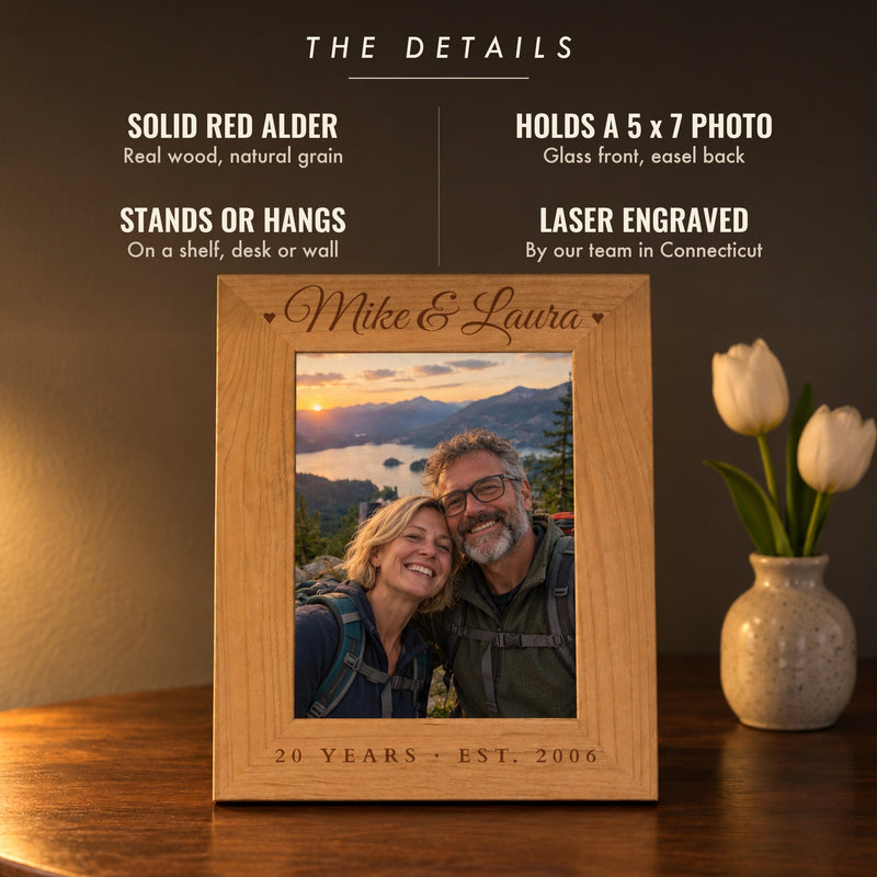Details of the engraved wood photo frame: solid red alder, fits a 5 x 7 photo, stands or hangs, laser engraved, shown with Mike & Laura and 20 Years