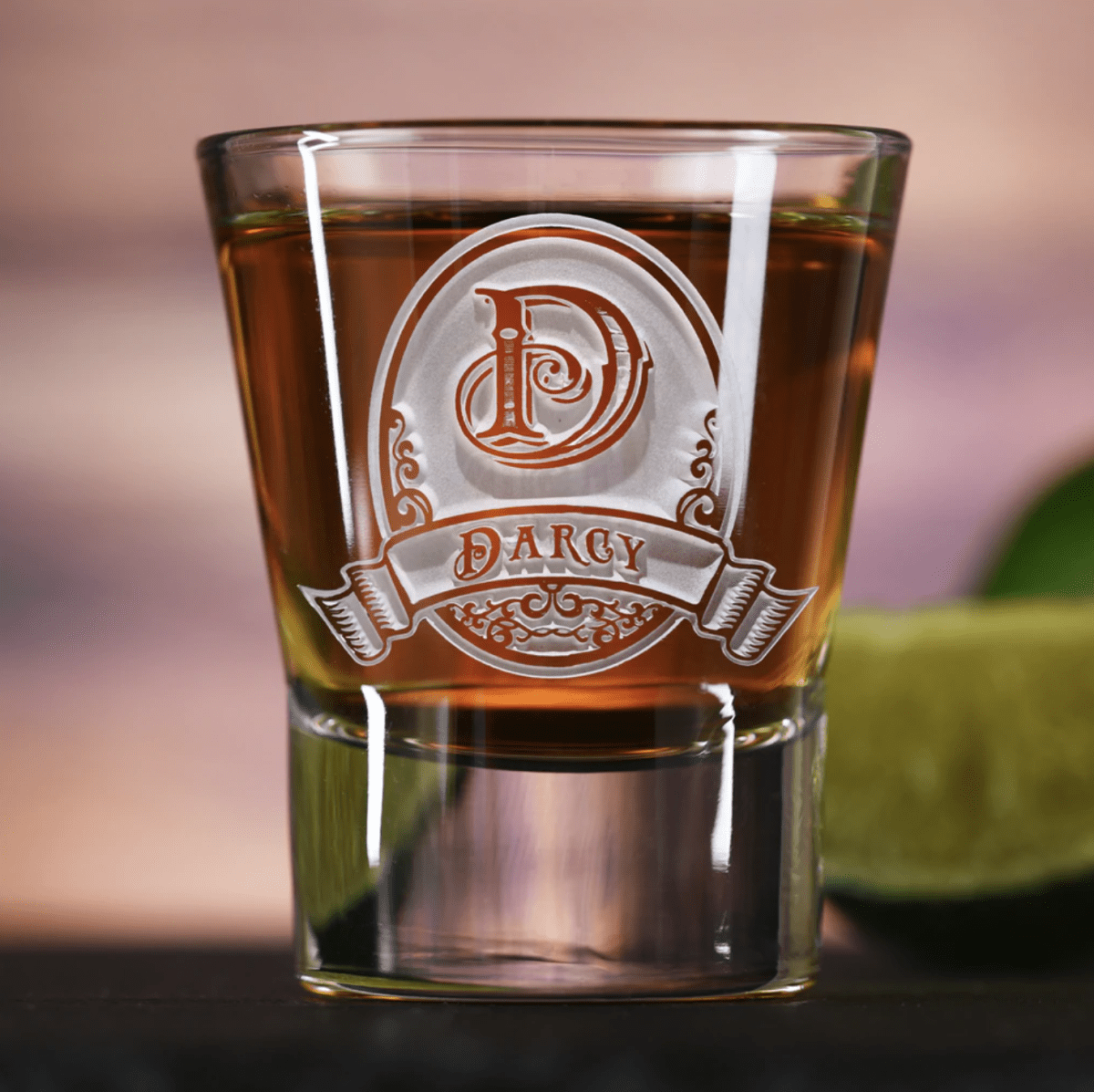 Crusader personalized medieval shot glass with sand-carved knight's shield crest