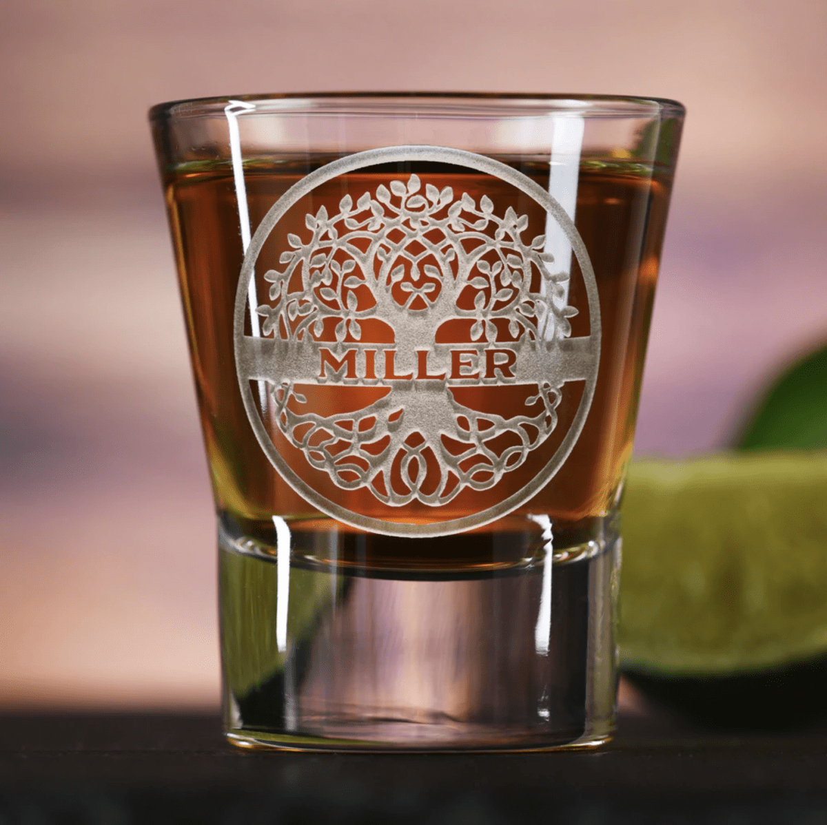 Heritage Roots personalized family tree shot glass with sand-carved family tree