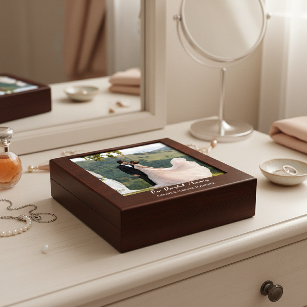 Dark wood keepsake box with wedding photo on lid showing bride and groom, displayed on vanity with sample engraved text below the image.