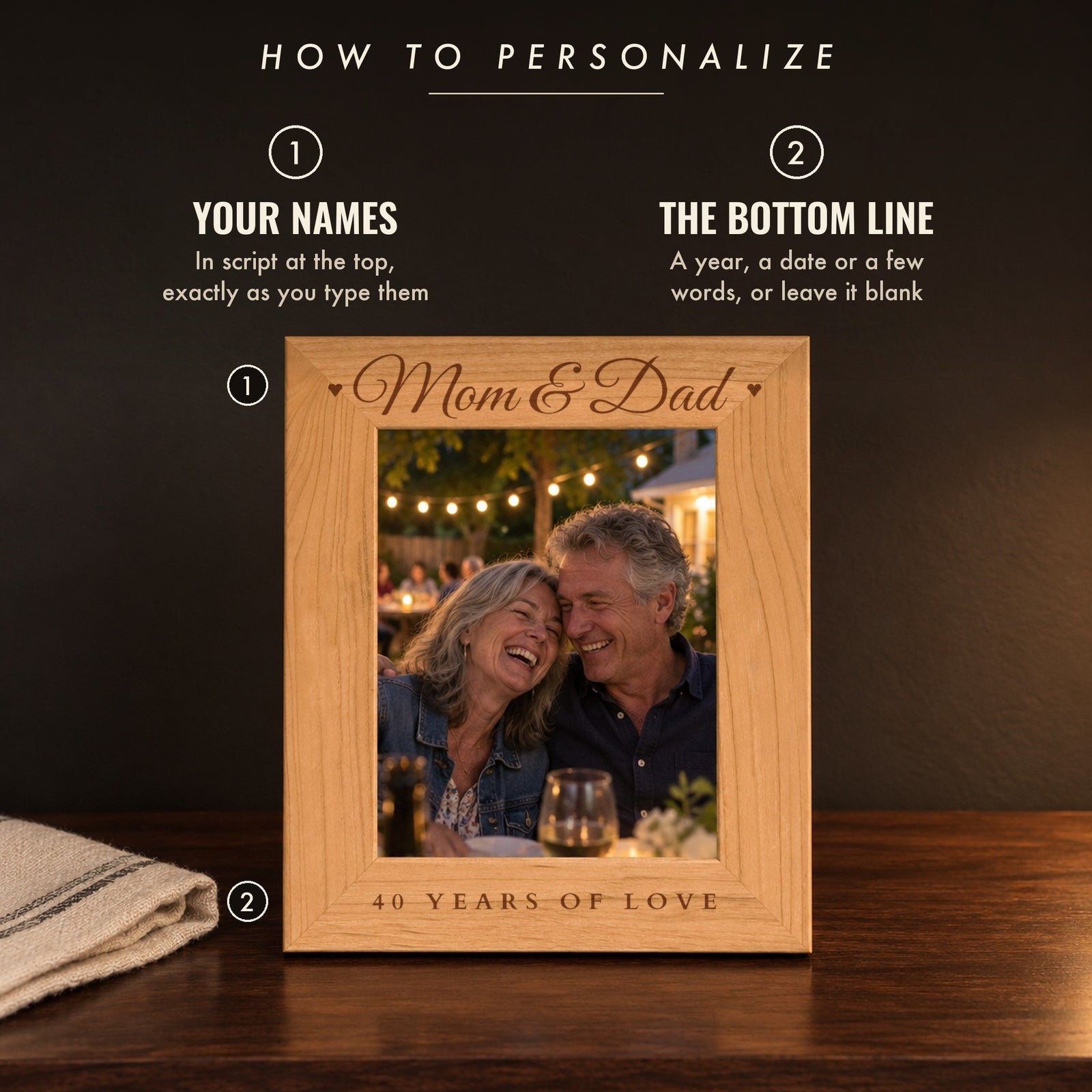 How to personalize the couples photo frame: names in script along the top and an optional bottom line, shown as Mom & Dad with 40 Years of Love