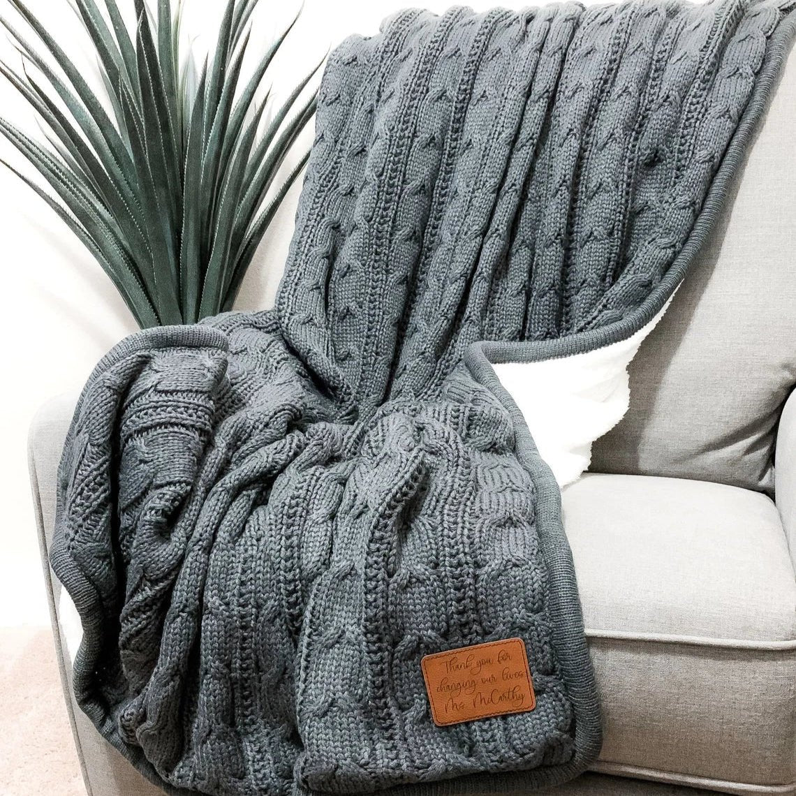 Personalized cable knit blanket with custom monogram