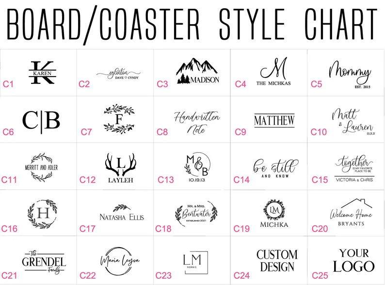 Chart displaying 25 customization design options for marble charcuterie board, including monograms, names, dates, family initials, and decorative elements in various fonts and styles