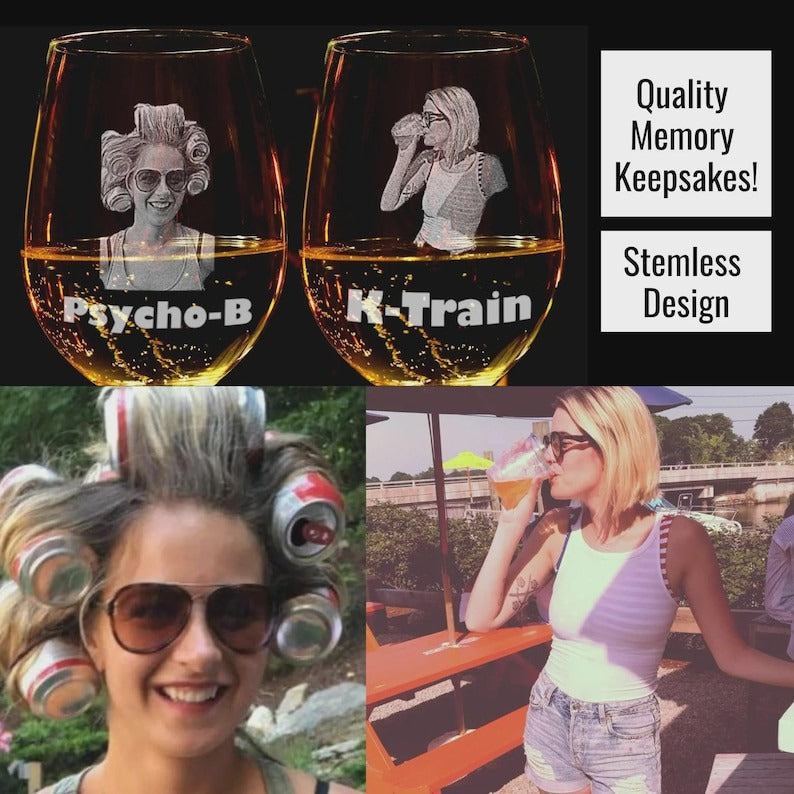 Two stemless wine glasses with laser-engraved sample photos and text, filled with amber liquid, displayed alongside lifestyle photos showing the glasses in use
