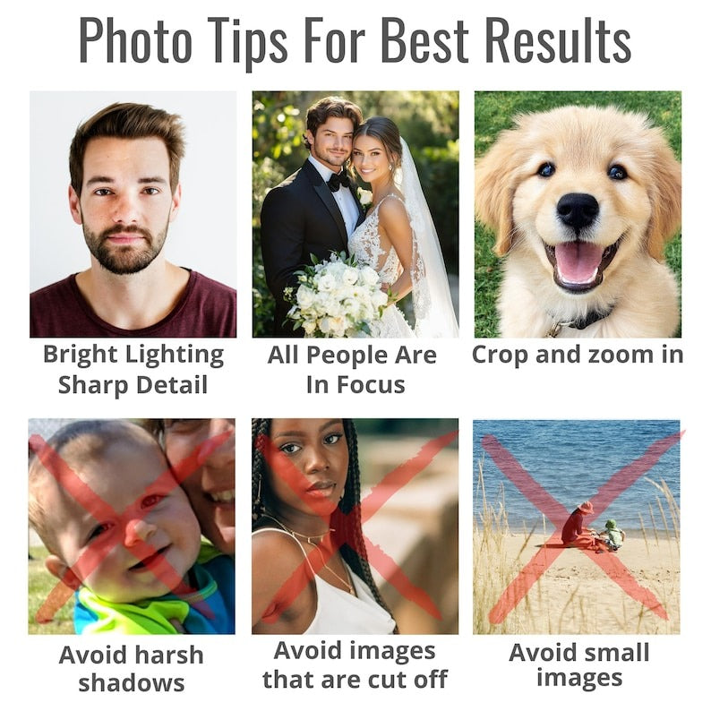 Instructional guide showing photography tips for optimal photo engraving results, including examples of bright lighting, focused subjects, and proper cropping for custom photo products.