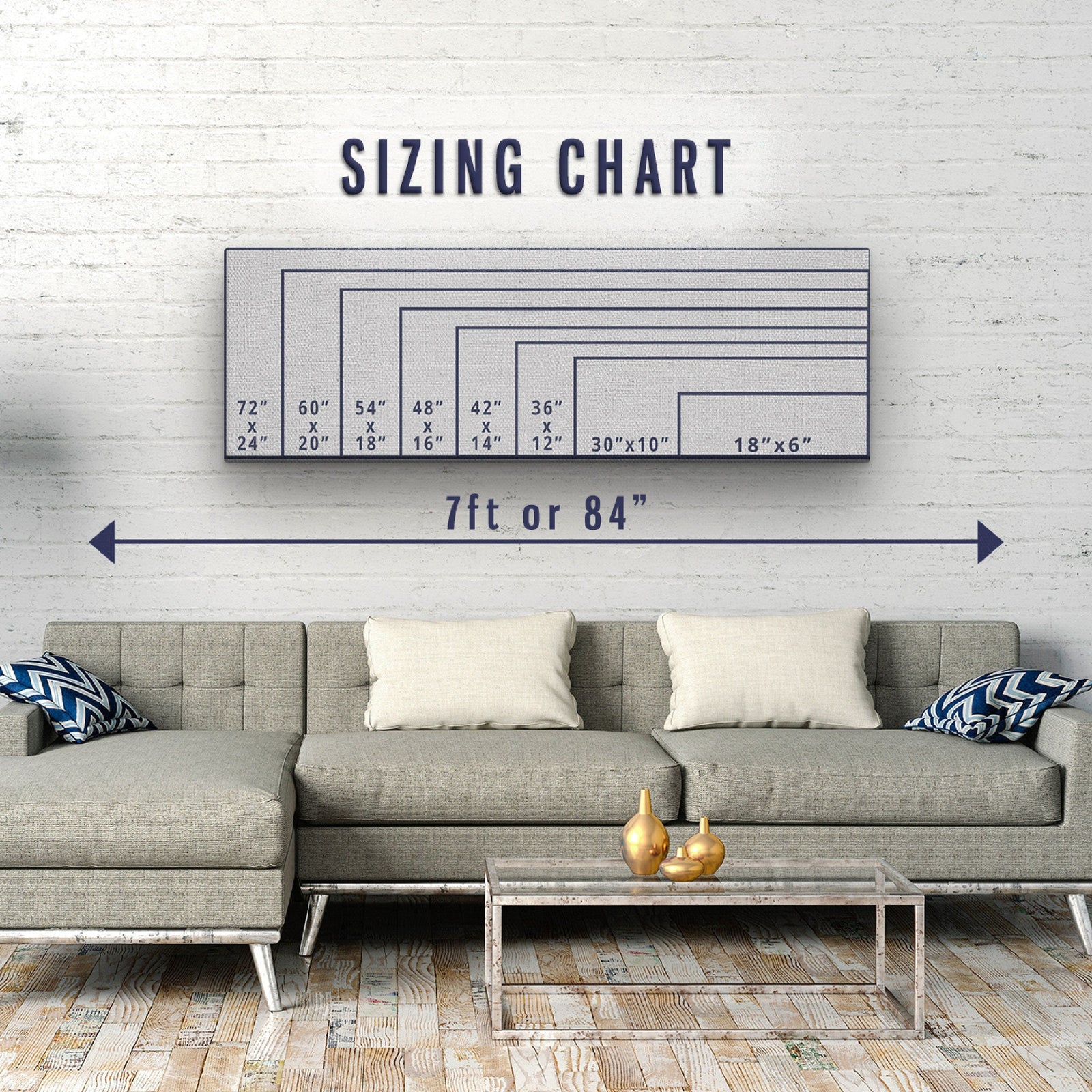 Sizing chart showing canvas dimensions from 18"×6" to 72"×24", displayed above a 7-foot sofa for scale reference