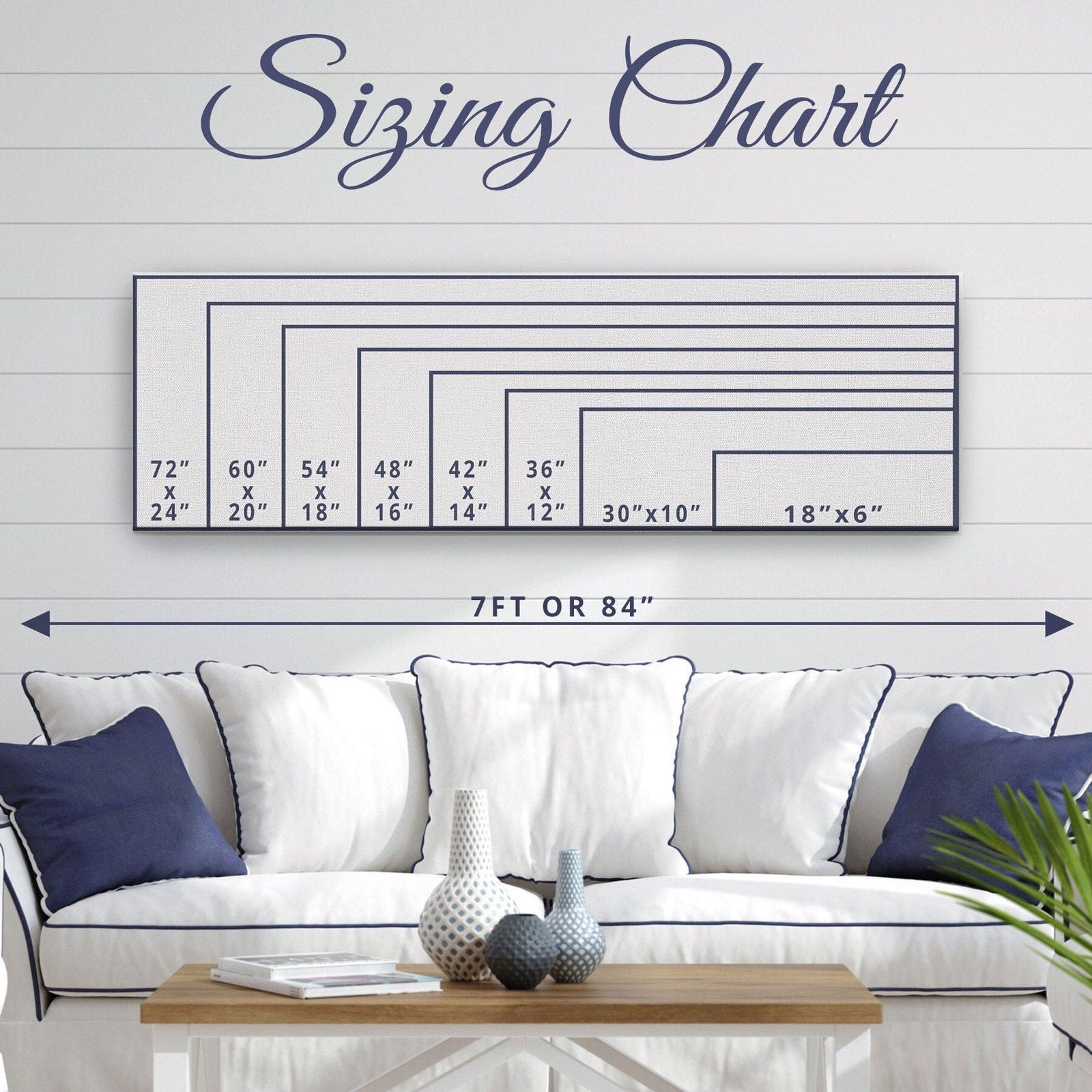 Sizing chart displaying seven panoramic canvas dimensions ranging from 18"×6" to 72"×24", shown in scale above a styled living room sofa setup