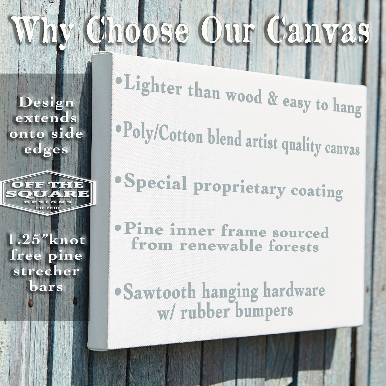 White canvas with gray text listing canvas features: lighter than wood, poly-cotton blend, proprietary coating, pine inner frame, and sawtooth hanging hardware with rubber bumpers