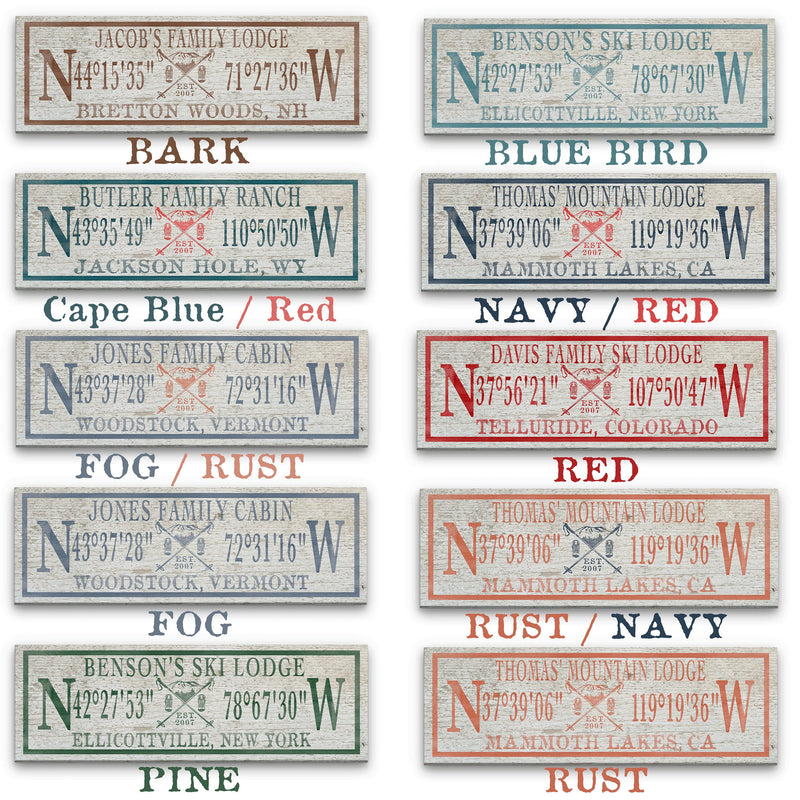 Swatch display showing ten color options for the personalized ski lodge sign, including Bark, Blue Bird, Cape Blue/Red, Navy/Red, Fog/Rust, Fog, Pine, Red, and Rust/Navy combinations