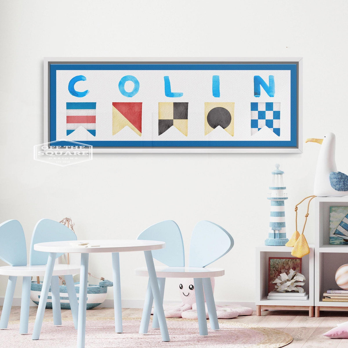 Signal Cove Name Canvas Personalized with the name Colin in Blue, displayed on a white wall in a coastal themed childs playroom | Willow &amp; Hive