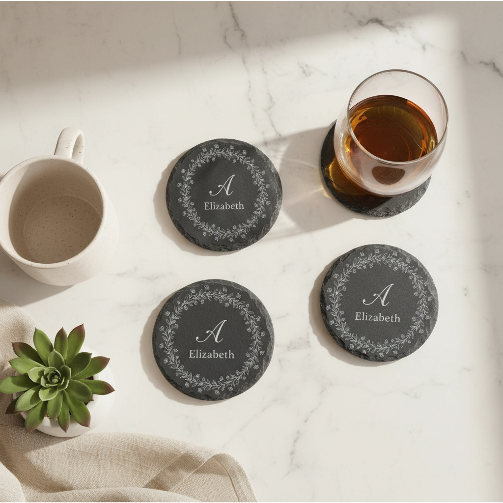 Personalized Round Slate Coasters with Floral Initial engraving on marble table