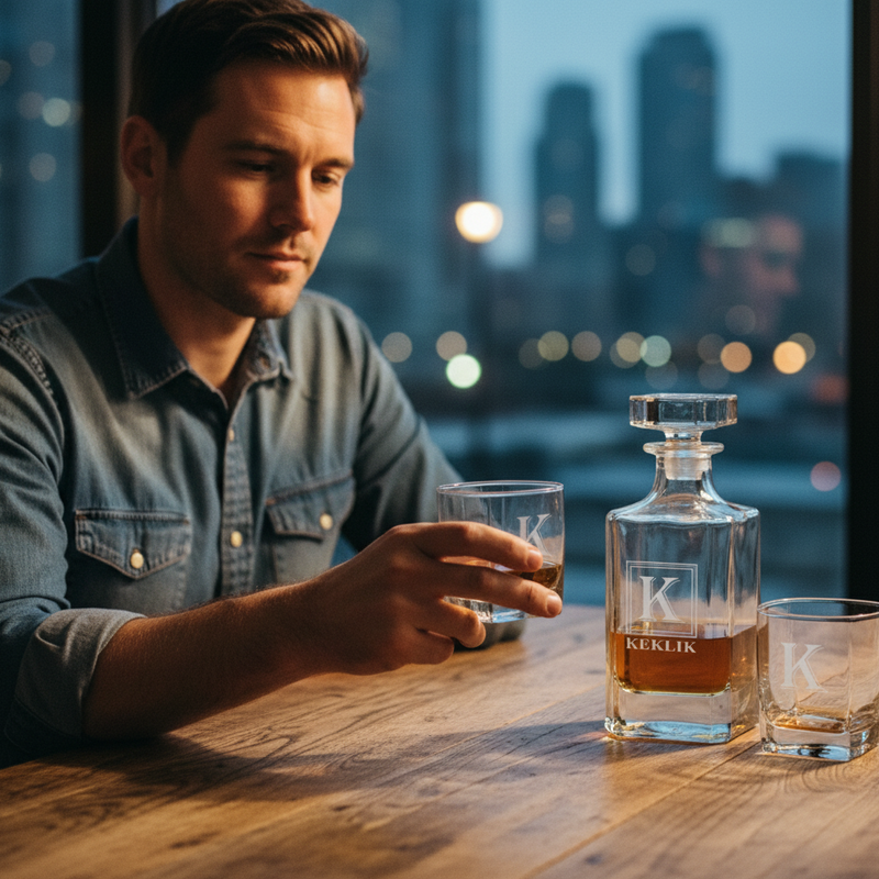Man holding personalized rocks glass with engraved initial "K" next to matching whiskey decanter by window overlooking city skyline at dusk