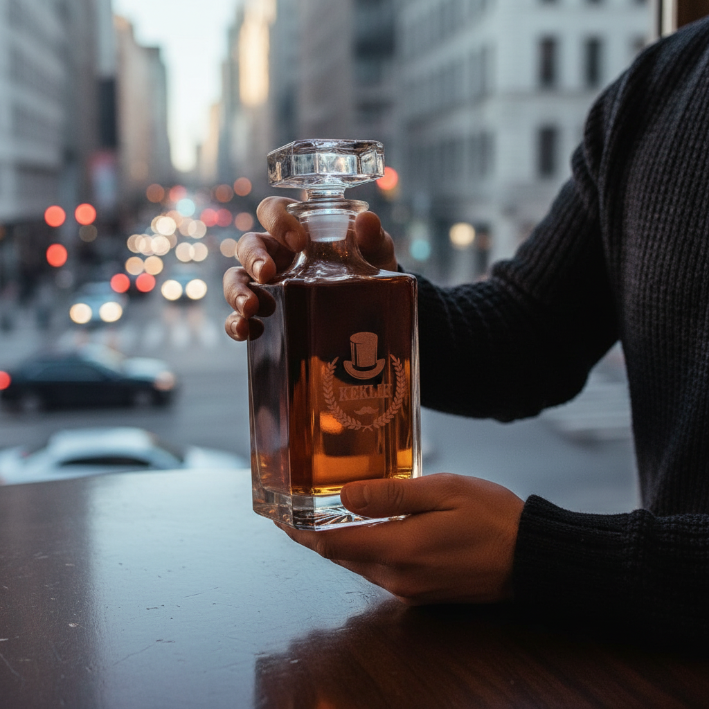 Personalized whiskey decanter held in hands outdoors, filled with amber liquid, engraved with sample top hat logo and "KERLIM" text on front face