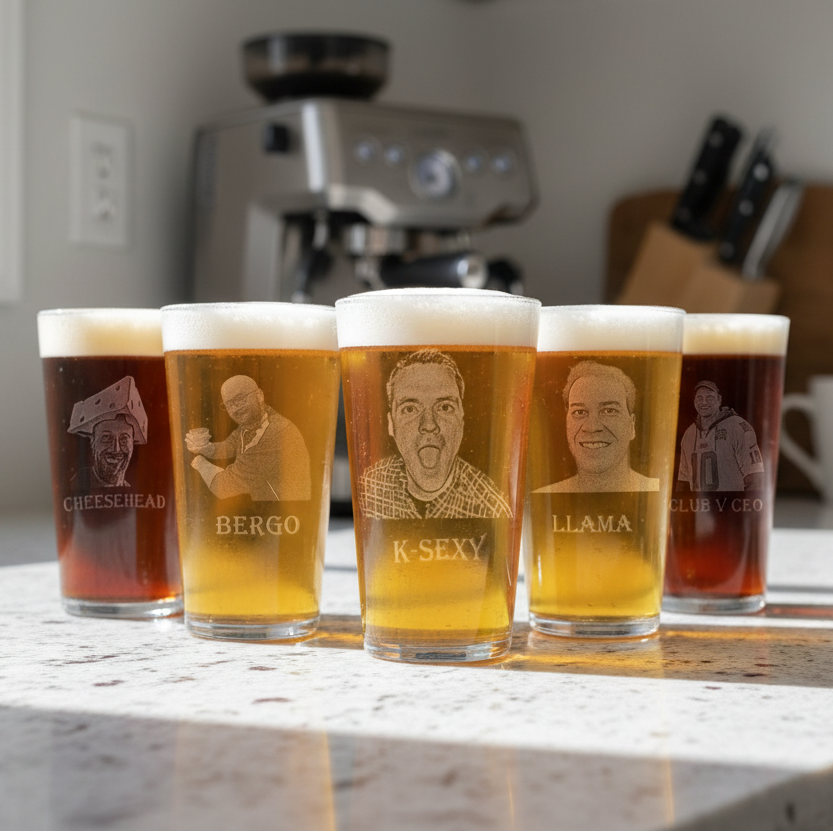 Five glasses of beer with personalized etchings on a kitchen counter.
