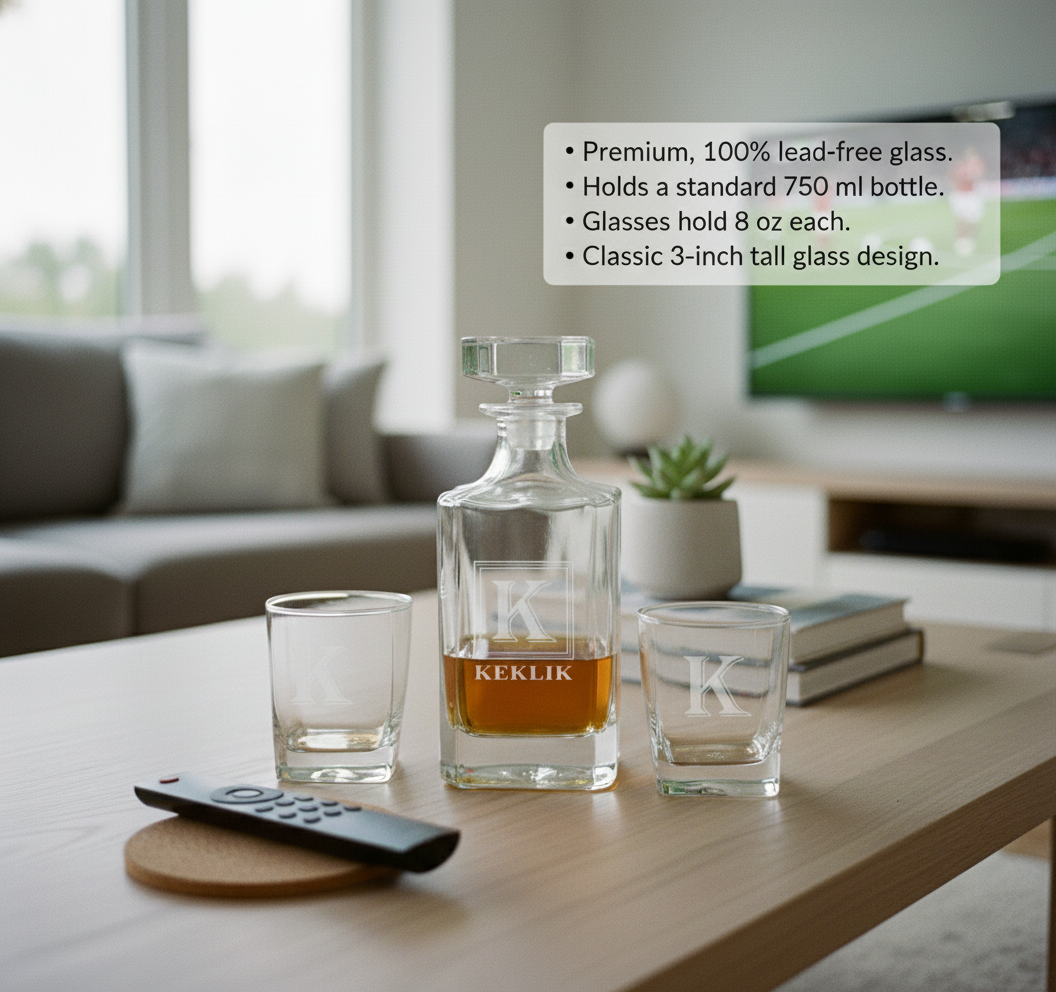 Personalized whiskey decanter set displayed on wood table with two matching glasses, decanter engraved with sample monogram "K" containing amber liquid, in modern living room setting