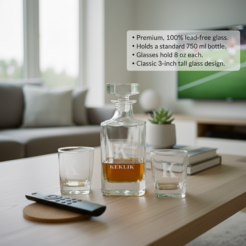 Personalized whiskey decanter set displayed on wood table with two matching glasses, decanter engraved with sample monogram "K" containing amber liquid, in modern living room setting