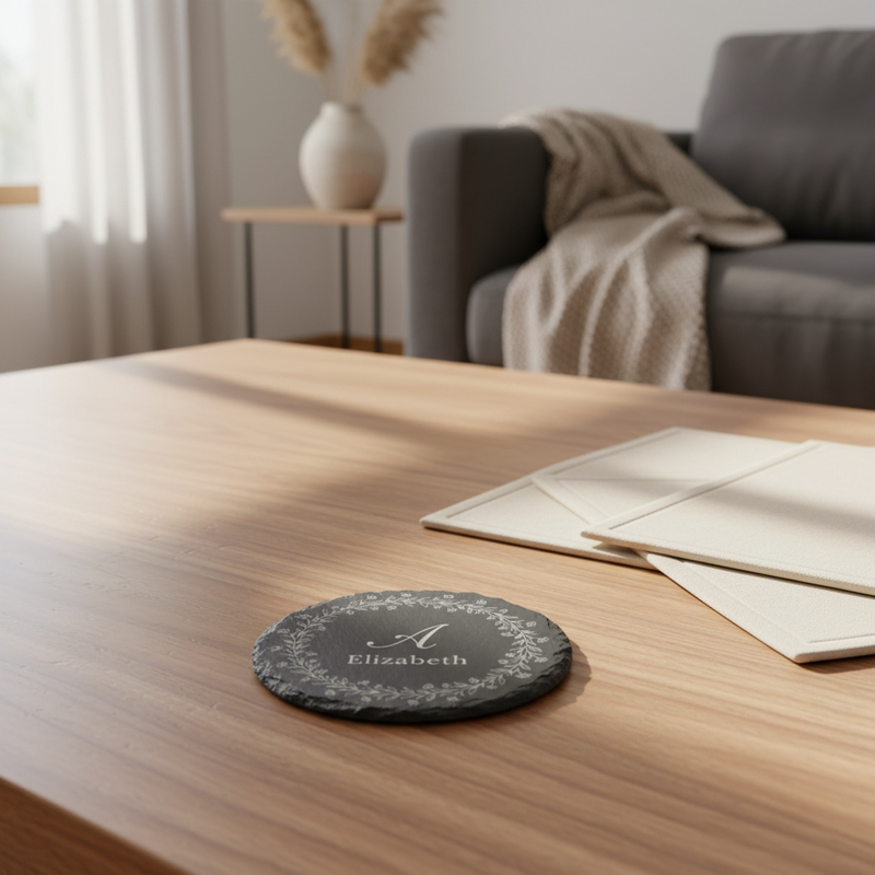 Dark slate coaster with engraved sample initial "A" and name "Elizabeth" surrounded by delicate floral wreath design, displayed on wooden table