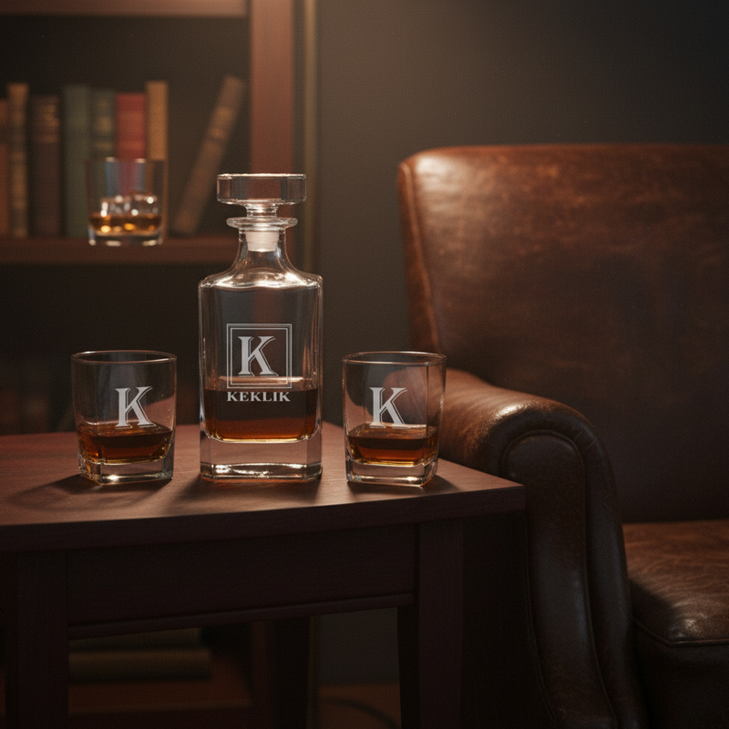 Personalized whiskey decanter set with sample monogram "K" engraved on decanter and matching rocks glasses, displayed on wood table in home bar setting